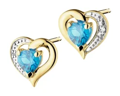 Kolczyki z żółtego złota z diamentami i topazami - serca - próba 375