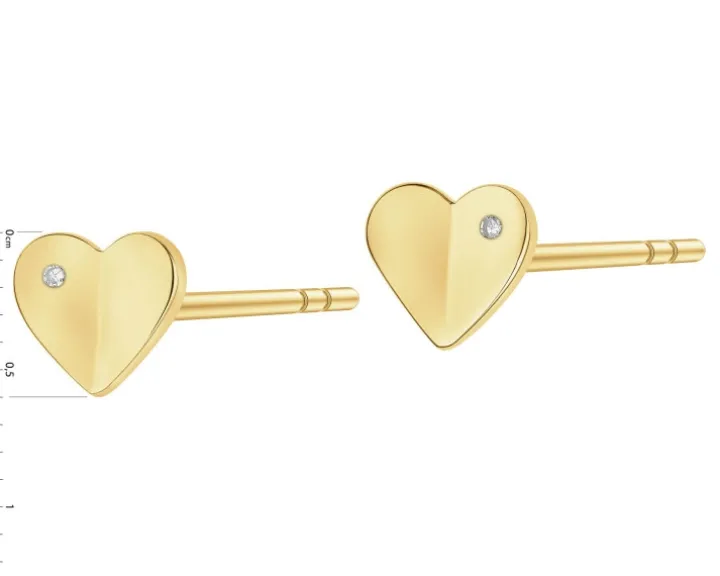 Kolczyki z żółtego złota z diamentami - serca - 0,005 ct - próba 585