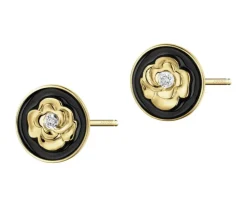 Kolczyki z żółtego złota z diamentami i emalią - kwiaty - 0,008 ct - próba 375
