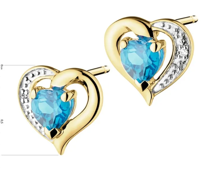 Kolczyki z żółtego złota z diamentami i topazami - serca - próba 585