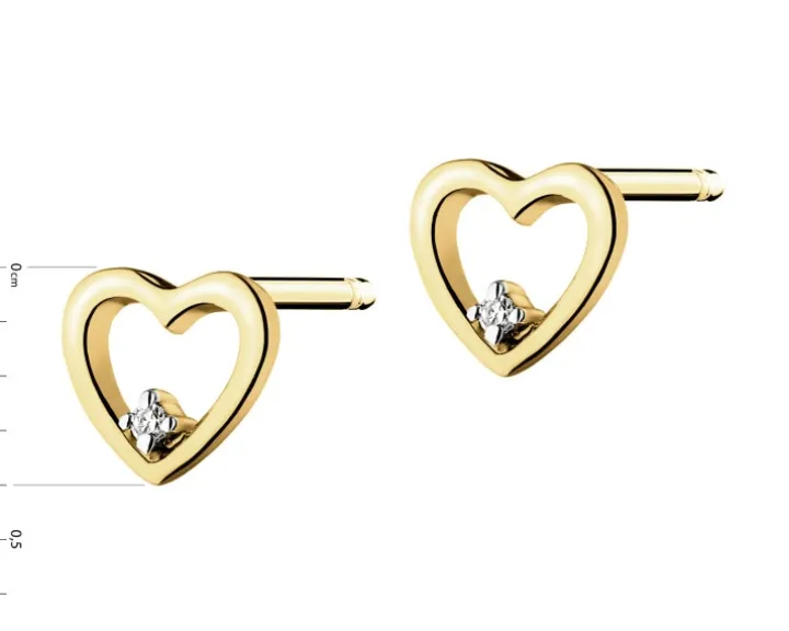 Kolczyki z żółtego złota z diamentami - serca - 0,008 ct - próba 375