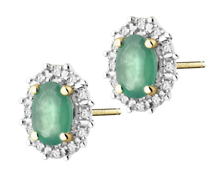 Kolczyki z żółtego złota z diamentami i szmaragdami - próba 585