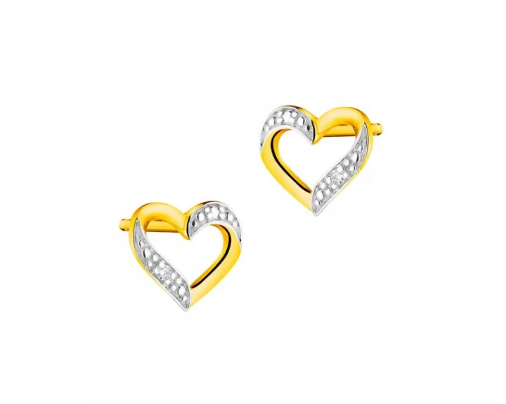 Kolczyki z żółtego złota z diamentami - serca - 0,004 ct - próba 585