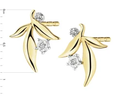 Kolczyki z żółtego złota z diamentami - liście - 0,01 ct - próba 375