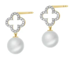 Kolczyki z żółtego złota z diamentami i perłami - próba 585