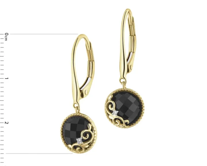 Kolczyki z żółtego złota z diamentami i onyksami - próba 585