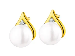Kolczyki z żółtego złota z diamentami i perłami - próba 375