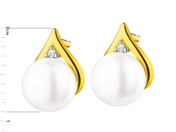 Kolczyki z żółtego złota z diamentami i perłami - próba 375