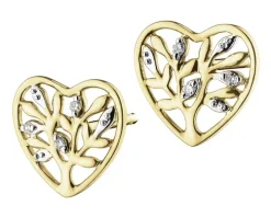 Kolczyki z żółtego złota z diamentami - serca, drzewka - 0,01 ct - próba 375