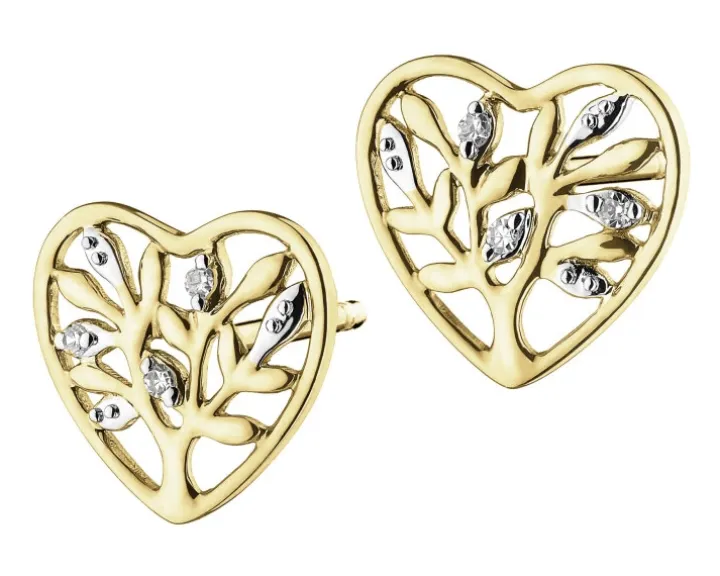 Kolczyki z żółtego złota z diamentami - serca, drzewka - 0,01 ct - próba 375