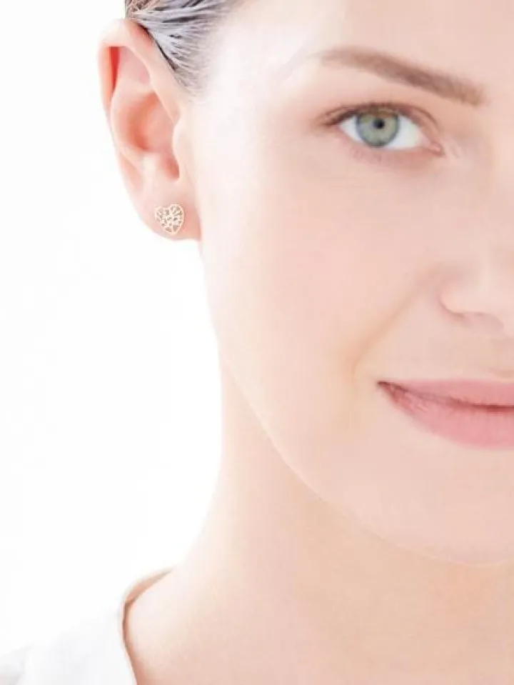 Kolczyki z żółtego złota z diamentami - serca, drzewka - 0,01 ct - próba 375