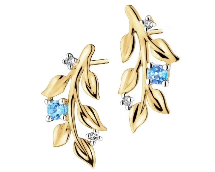 Kolczyki z żółtego złota z diamentami i topazami - liście - próba 375