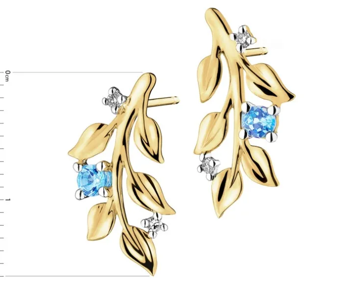 Kolczyki z żółtego złota z diamentami i topazami - liście - próba 375