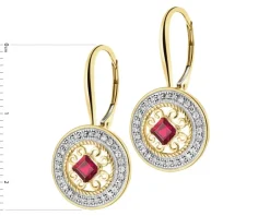 Kolczyki z żółtego złota z diamentami i rubinami - rozety - próba 585