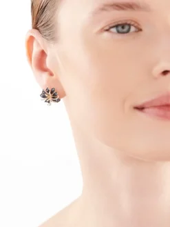 Kolczyki z żółtego złota z diamentami i szafirami - kwiaty - próba 585