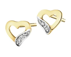 Kolczyki z żółtego złota z diamentami - serca - 0,008 ct - próba 585