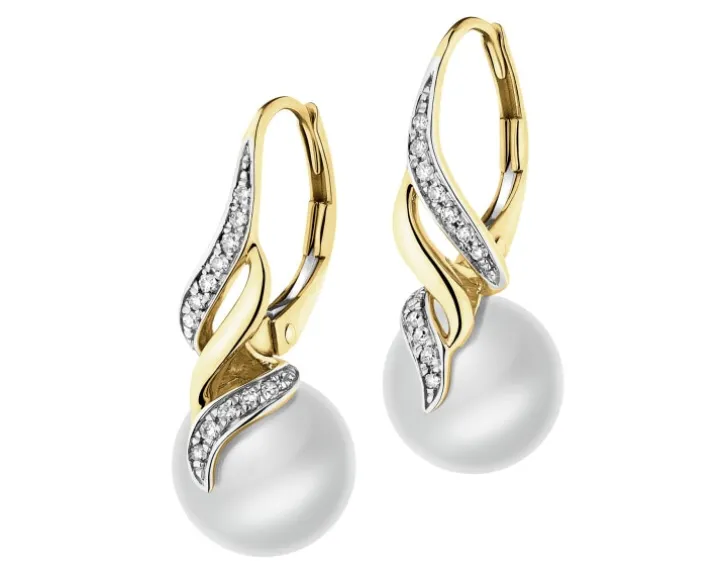 Kolczyki z żółtego złota z diamentami i perłami - próba 585