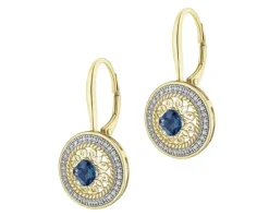 Kolczyki z żółtego złota z diamentami  i topazami London Blue - rozeta - próba 585