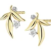 Kolczyki z żółtego złota z diamentami - liście - 0,01 ct - próba 585