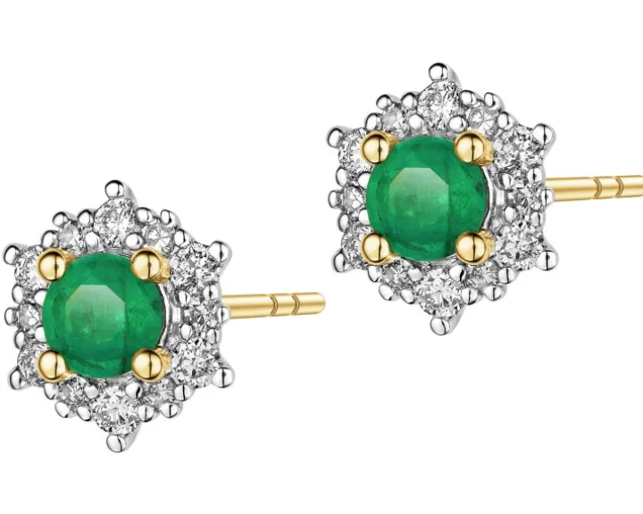Kolczyki z żółtego złota z diamentami i szmaragdami - próba 585