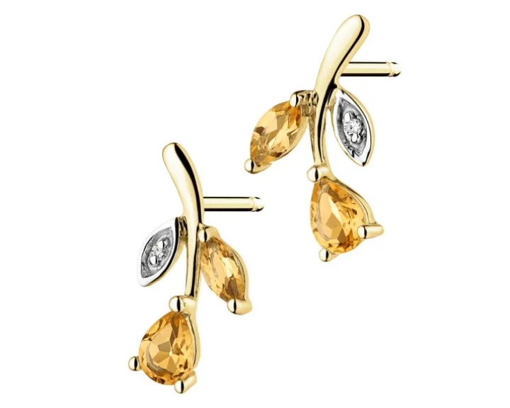 Kolczyki z żółtego złota z diamentami i cytrynami - liście - próba 375
