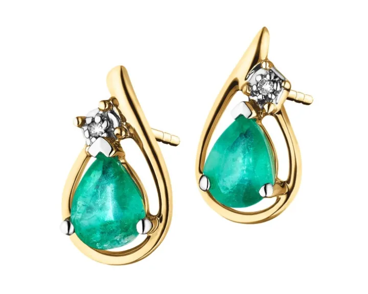 Kolczyki z żółtego złota z diamentami i szmaragdami - próba 585