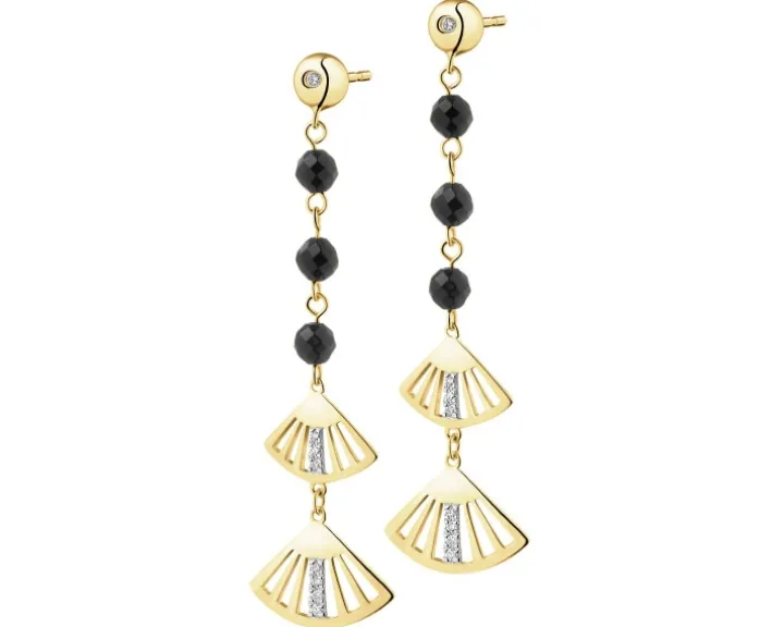 Kolczyki z żółtego złota z diamentami i agatami - wachlarze - próba 375