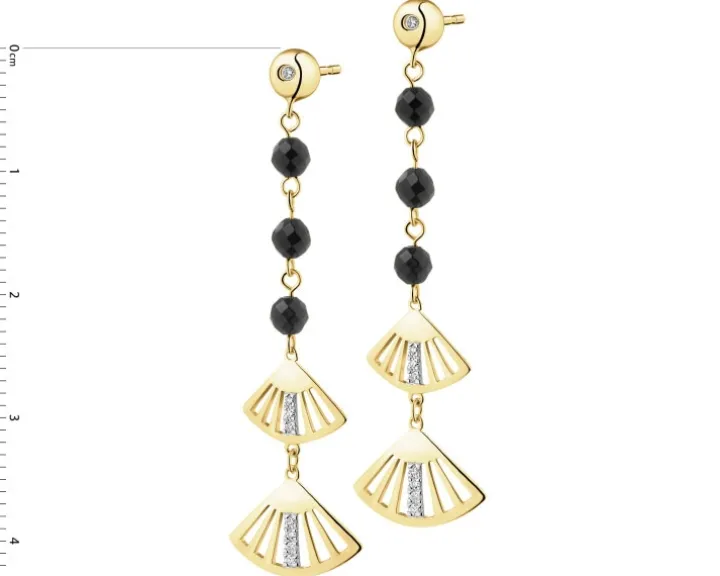 Kolczyki z żółtego złota z diamentami i agatami - wachlarze - próba 375