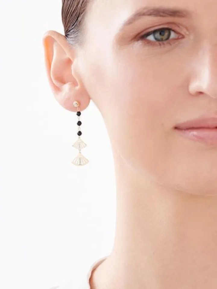 Kolczyki z żółtego złota z diamentami i agatami - wachlarze - próba 375