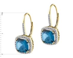 Kolczyki z żółtego złota z diamentami i topazami London Blue - próba 585