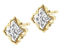 Kolczyki z żółtego złota z diamentami - kwiaty - 0,03 ct - próba 375