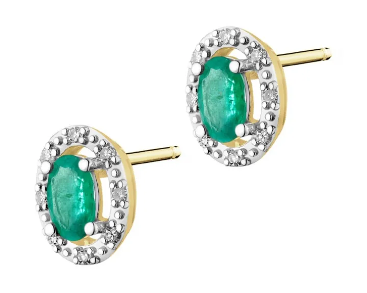Kolczyki z żółtego złota z diamentami i szmaragdami - próba 585