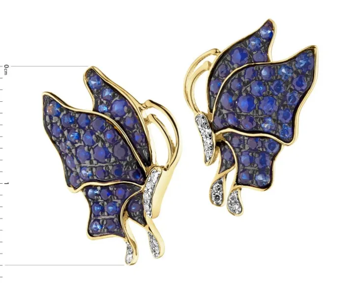 Kolczyki z żółtego złota z diamentami i szafirami - motyle - próba 585