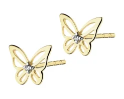 Kolczyki z żółtego złota z diamentami - motyle - 0,005 ct - próba 375