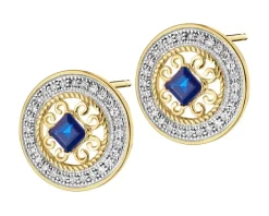 Kolczyki z żółtego złota z diamentami i szafirami - rozety - próba 585