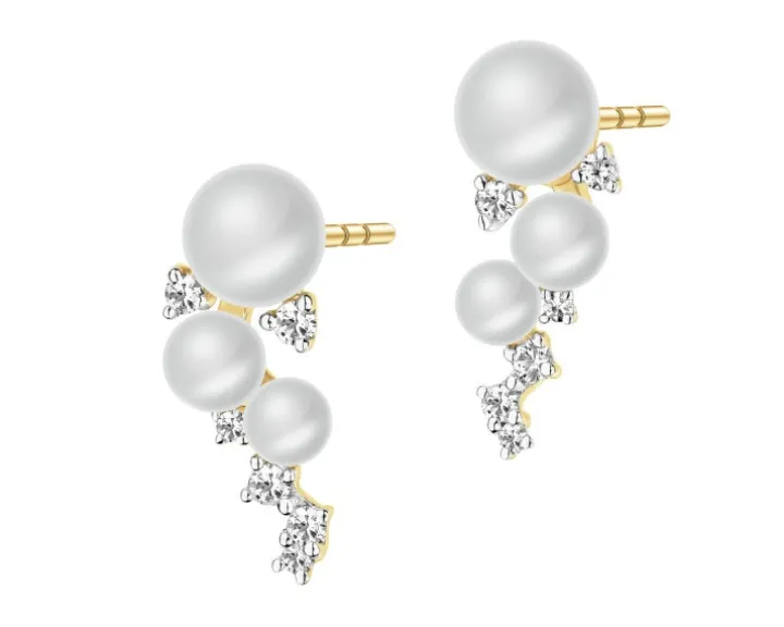 Kolczyki z żółtego złota z diamentami i perłami - próba 585