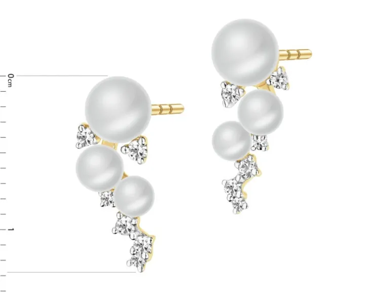 Kolczyki z żółtego złota z diamentami i perłami - próba 585