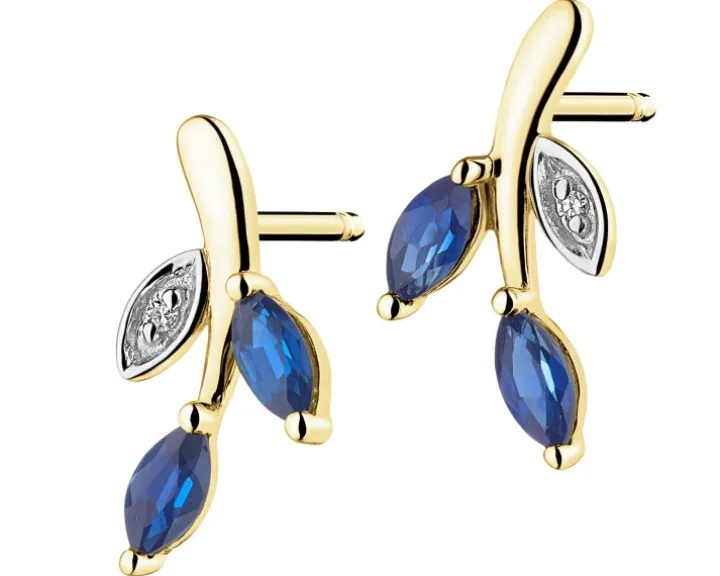 Kolczyki z żółtego złota z diamentami i szafirami - liście - próba 585