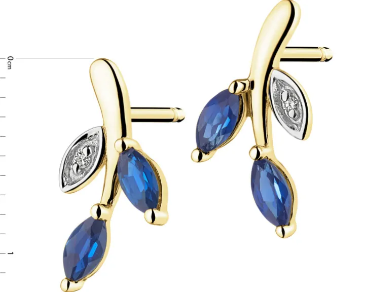 Kolczyki z żółtego złota z diamentami i szafirami - liście - próba 585