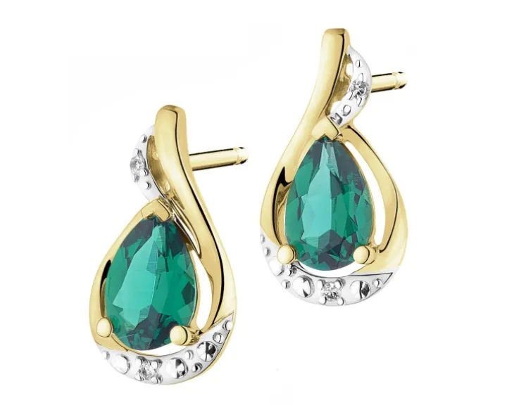 Kolczyki z żółtego złota z diamentami i szmaragdami syntetycznymi - próba 375