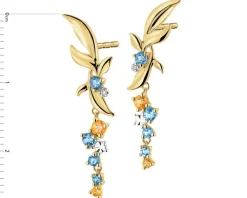 Kolczyki z żółtego złota z diamentami, topazami i cytrynami - liście - próba 585