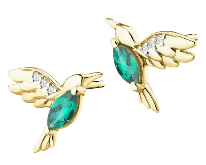 Kolczyki z żółtego złota z diamentami i szmaragdami syntetycznymi - kolibry - próba 375