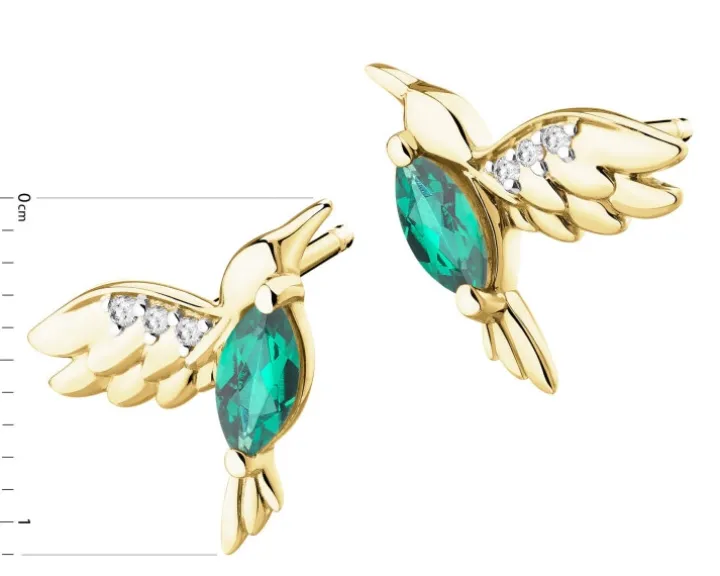 Kolczyki z żółtego złota z diamentami i szmaragdami syntetycznymi - kolibry - próba 375