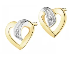 Kolczyki z żółtego złota z diamentami - serca - 0,005 ct - próba 375