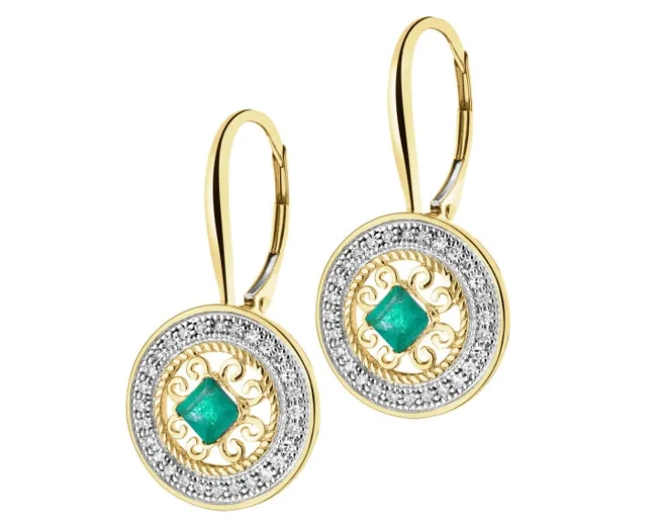 Kolczyki z żółtego złota z diamentami i szmaragdami - rozety - próba 585