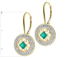 Kolczyki z żółtego złota z diamentami i szmaragdami - rozety - próba 585