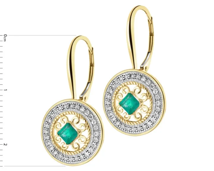 Kolczyki z żółtego złota z diamentami i szmaragdami - rozety - próba 585