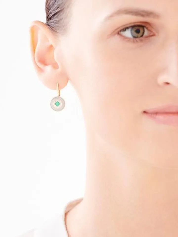 Kolczyki z żółtego złota z diamentami i szmaragdami - rozety - próba 585