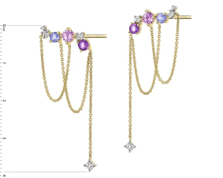 Kolczyki z żółtego złota z diamentami, ametystami i tanzanitami - próba 375
