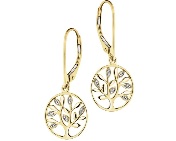 Kolczyki z żółtego złota z diamentami - drzewka - 0,01 ct - próba 375